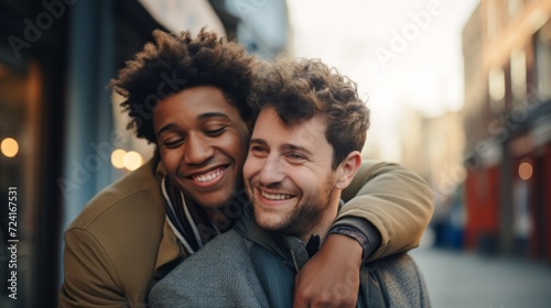 Close-up of a happy smiling multiracial gay couple smiling and hugging on the street.