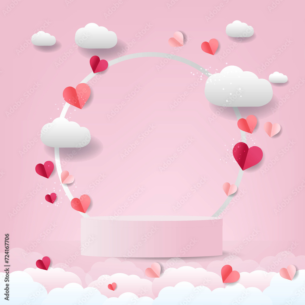 Podium With Pink Background And Clouds With Hearts