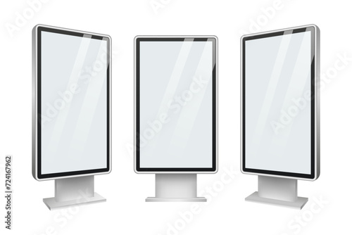 Set of blank outdoor advertising lightbox, street advertising light display mockup. Light box, citylight, billboard template on white background.
