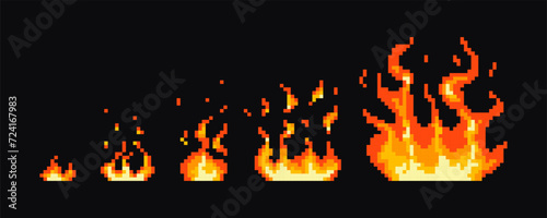 Stages of pixel fire ignition. Gaming pixel fire, explosion, flames. Steps of pixel flame ignition.