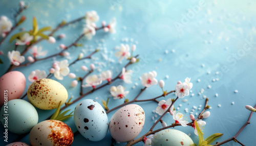 Easter Eggs and Catkins on Floral Soft Blue Background - wallpaper