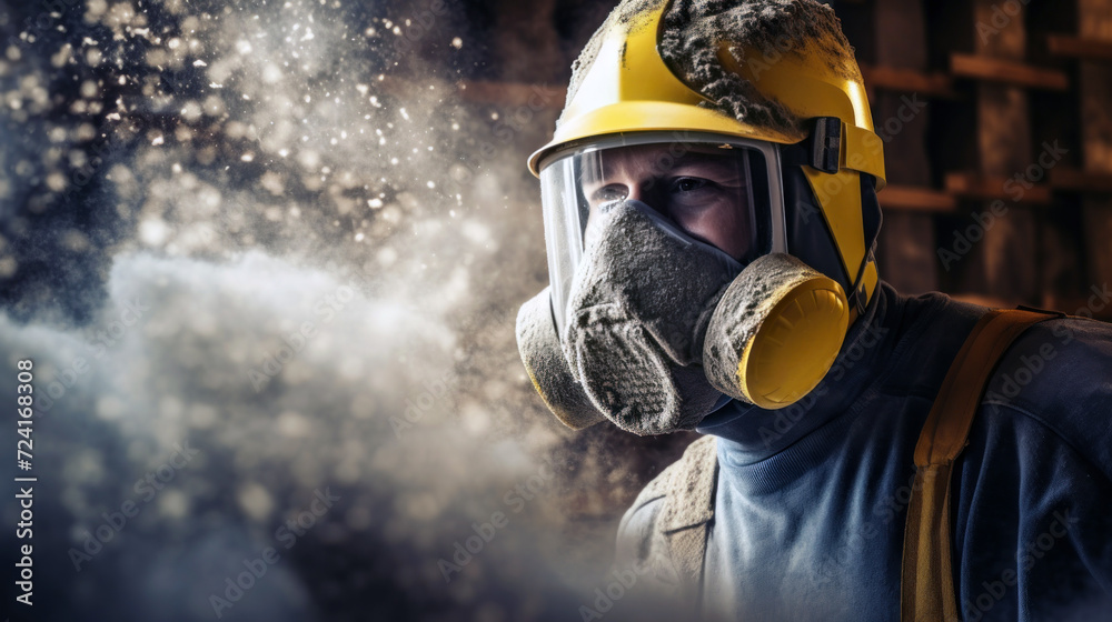 Obraz premium Professional construction worker wearing a high-grade dust mask, surrounded by lot of floating particles of glass wool dust in a construction site