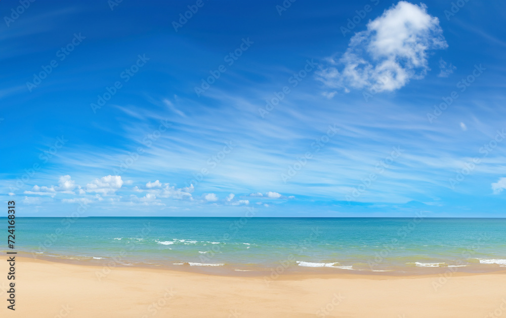 tropical beach panorama, seascape with a wide horizon, showcasing the beautiful expanse of the sky meeting the sea
