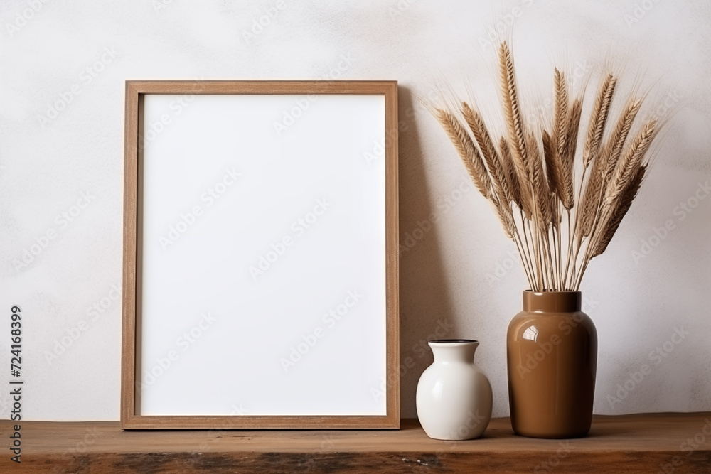 Rustic wooden shelf with empty picture frame mockup,and ceramic vase with ripe wheat.