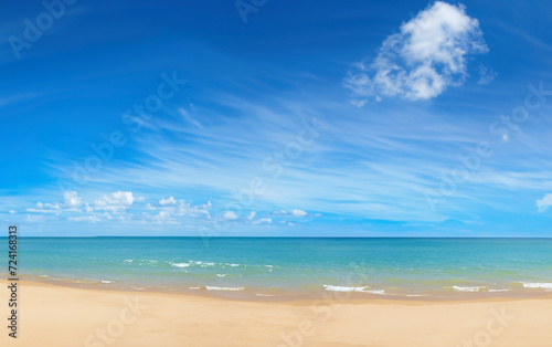 tropical beach panorama, seascape with a wide horizon, showcasing the beautiful expanse of the sky meeting the sea 