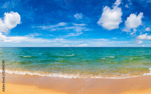 tropical beach panorama, seascape with a wide horizon, showcasing the beautiful expanse of the sky meeting the sea
