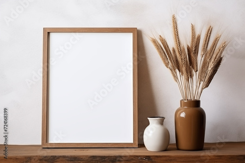Rustic wooden shelf with empty picture frame mockup,and ceramic vase with ripe wheat. photo