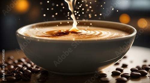Aromatic coffee splashing in a Cappuccino cup. Created with Generative AI technology