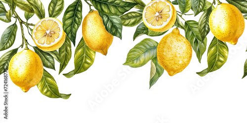 watercolor seamless border, frame in vintage style. lemons on the branches. isolated on white background