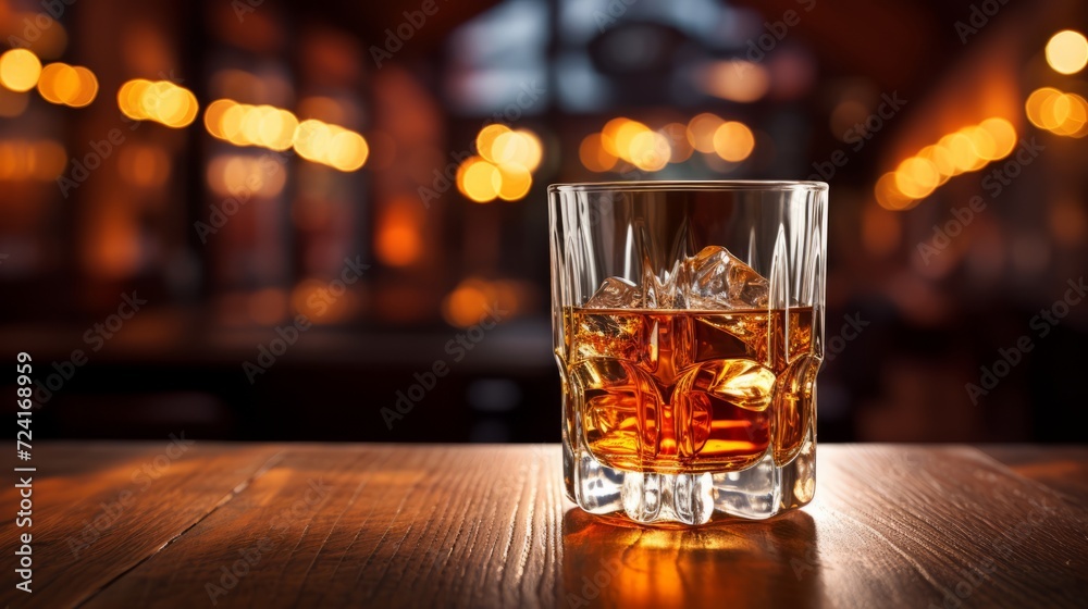 Glass of whiskey with ice cubes on wooden table at bar counter in pub Glass of whiskey with ice cubes on wooden table at bar counter in pub