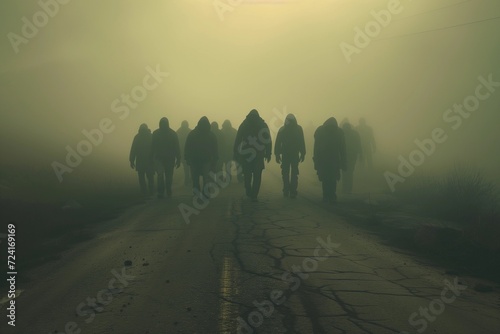 Silhouettes of People Walking in Fog on Abandoned Road © betterpick|Art