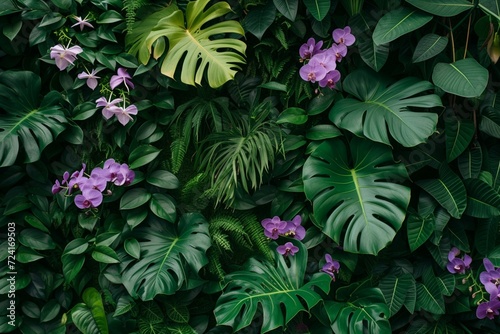 Green creeper, vine or ivy, purple or violet orchid Giant Philodendron, and Monstera leaves and flower wall for background. Natural wallpaper or Nature pattern. Freshness season concept