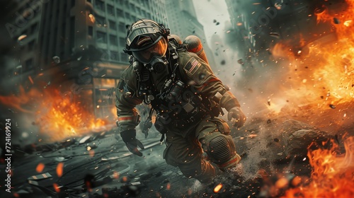firefighter in an apocalyptic city fighting a fire, wearing a futuristic firefighter outfit.   photo
