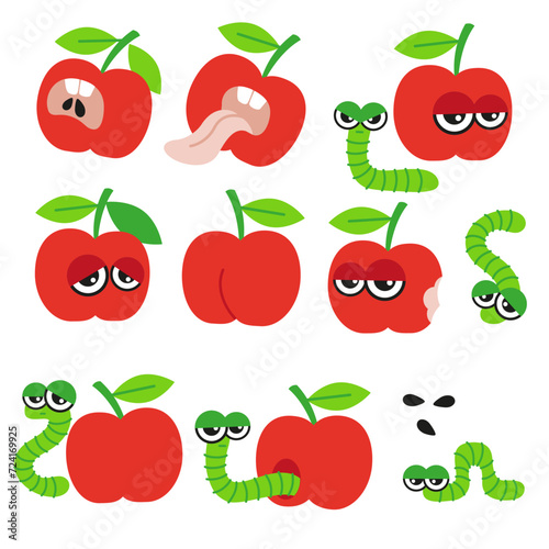 Red crazy Apple and caterpillar on white background. Bundle of hand drawn vector illustration in a cartoon style