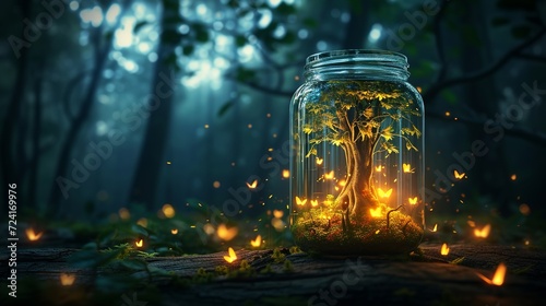 fireflies and forest in a jar, black background photo