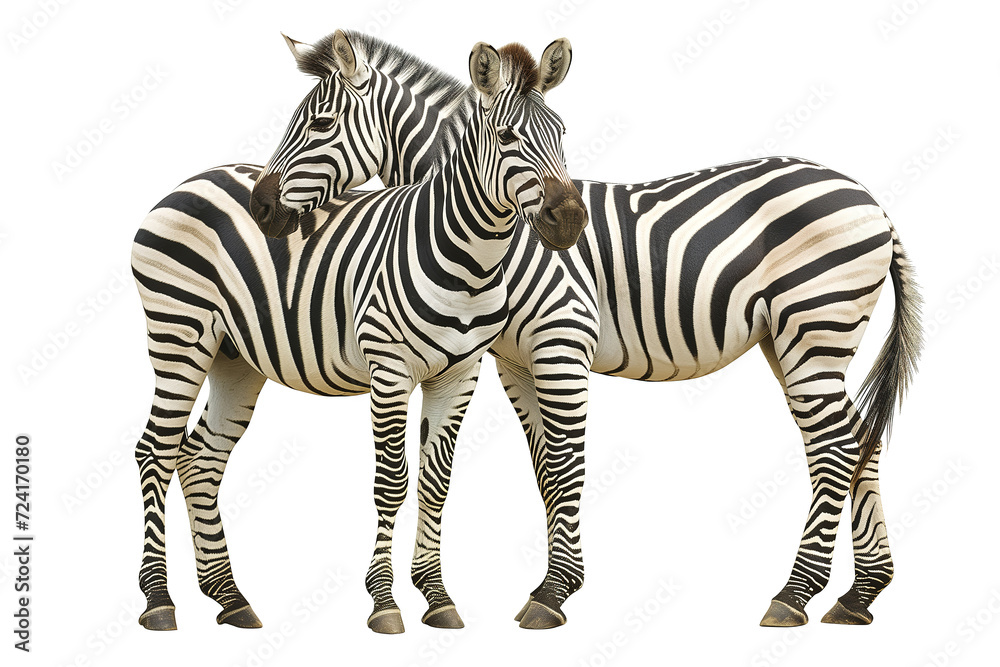 Obraz premium Two majestic zebras, a symbol of the wild and free, stand together in perfect harmony as a testament to the beauty and grace of terrestrial animals