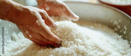 Tradition in motion: A cascade of rice grains slip through diligent fingers in a timeless culinary ritual