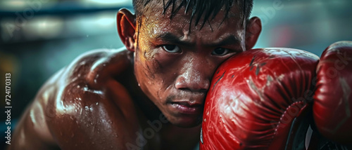 A Muay Thai boxer, glistening with determination, stares down the challenge, ready for combat