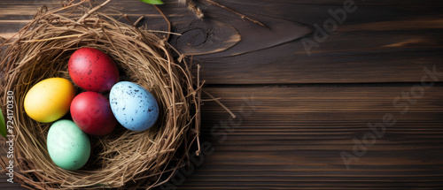 Top view of a bird's nest filled with colorful eggs on wooden table. Happy Easter banner concept, copy space