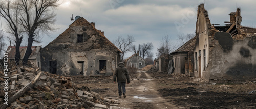 A solitary figure walks through the remnants of a once vibrant street, now a poignant witness to the aftermath of war photo