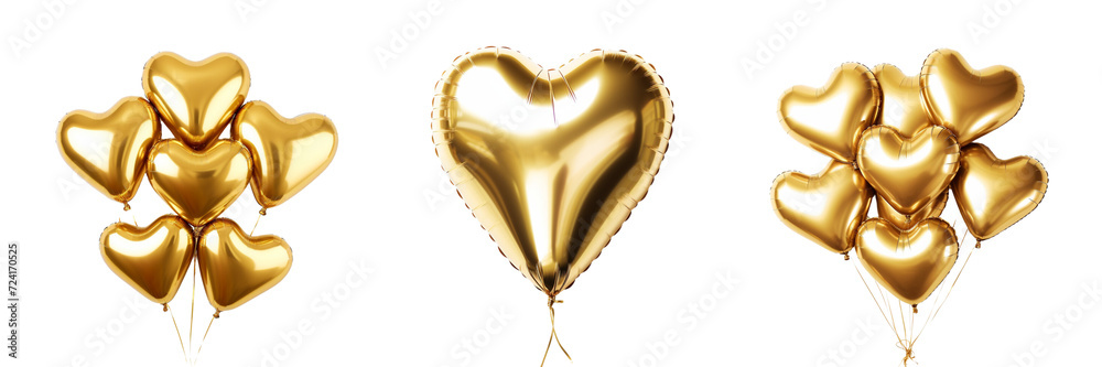 Set of Heart shape golden color foil balloons isolated on a transparent background Set of Heart shape golden color foil balloons isolated on a transparent background