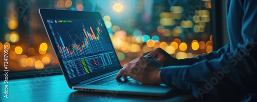 Businessman analyzing finance market graphs on a laptop photo