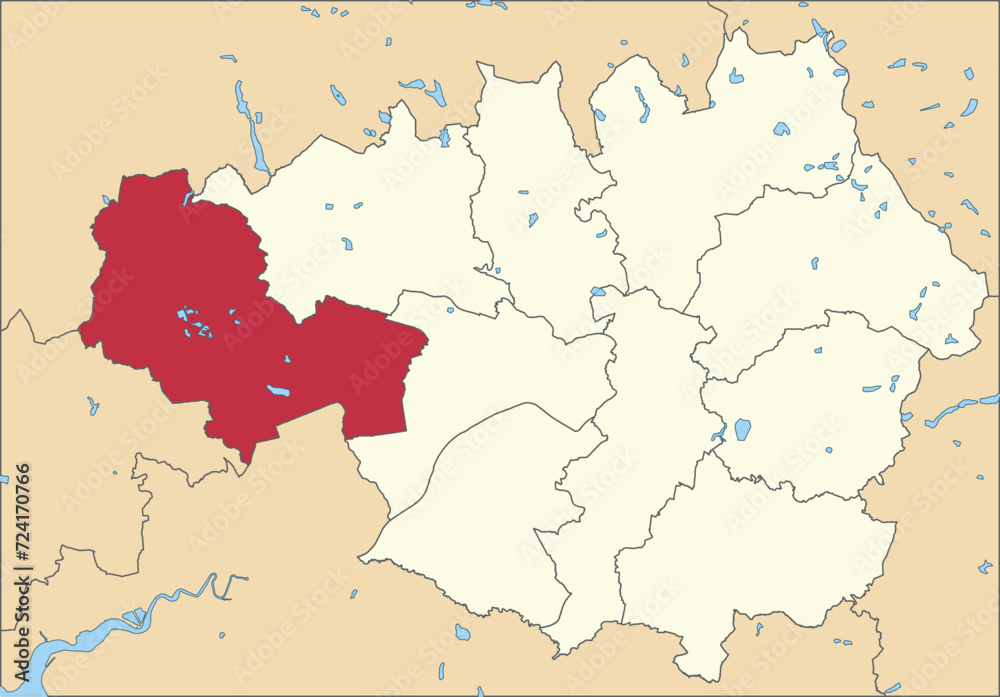 Obraz premium Red flat blank highlighted location map of the METROPOLITAN BOROUGH OF WIGAN inside beige administrative local authority districts map of Greater Manchester, England