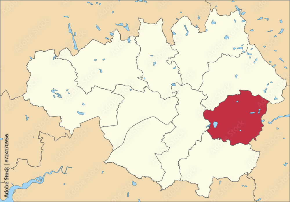 Red flat blank highlighted location map of the METROPOLITAN BOROUGH OF TAMESIDE inside beige administrative local authority districts map of Greater Manchester, England