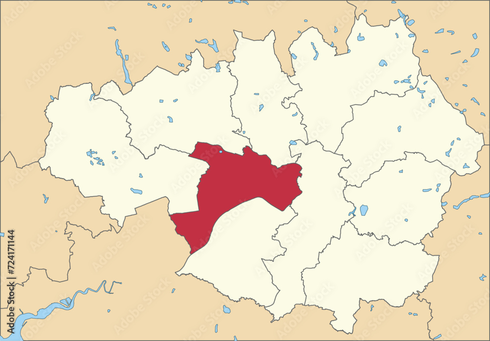 Red flat blank highlighted location map of the METROPOLITAN BOROUGH OF SALFORD inside beige administrative local authority districts map of Greater Manchester, England
