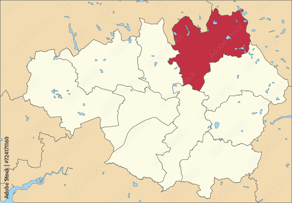 Red flat blank highlighted location map of the METROPOLITAN BOROUGH OF ROCHDALE inside beige administrative local authority districts map of Greater Manchester, England