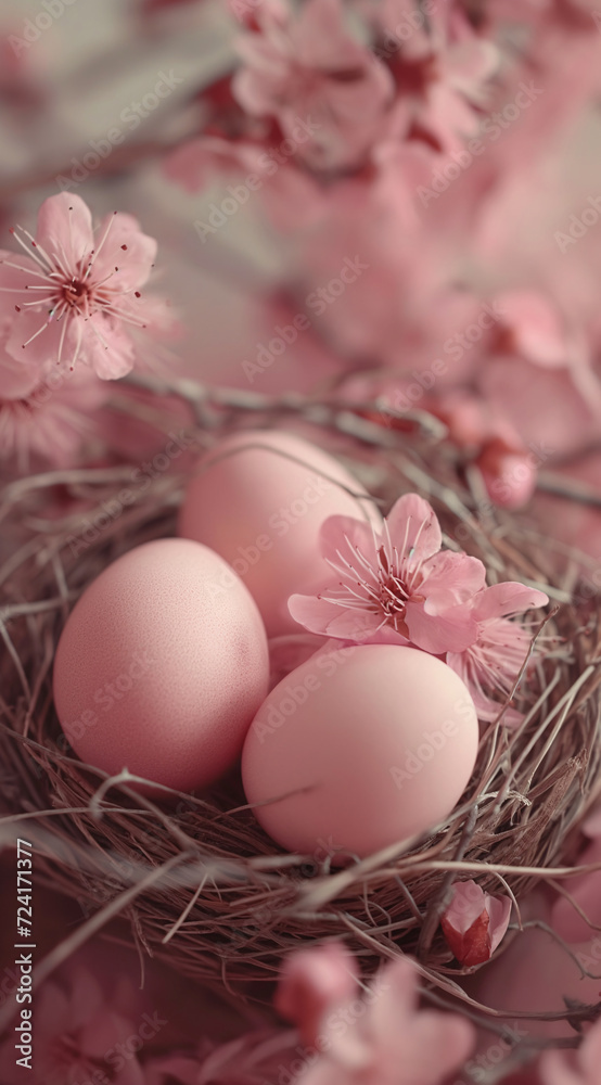 Nest with pink easter eggs and flowers. A vibrant aerie filled with delicate pink eggs and blossoming flowers creates a warm and inviting scene of new life and growth