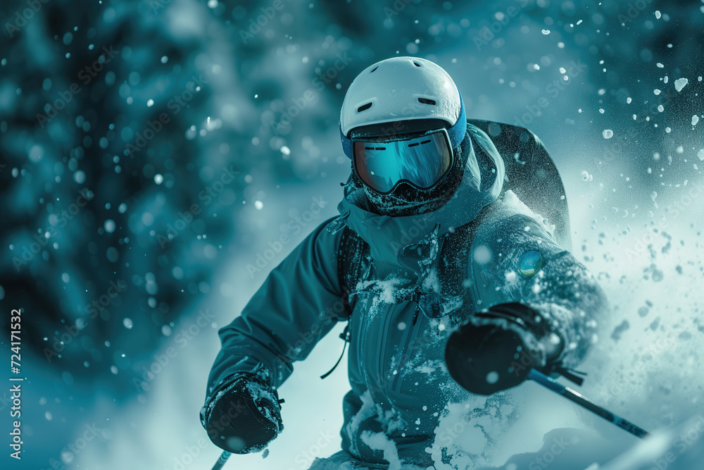 A person braves the snowy slopes with determination, protected by a helmet and goggles, ready to conquer the outdoor adventure of skiing A person braves the snowy slopes with determination, protected by a helmet and goggles, ready to conquer the outdoor adventure of skiing