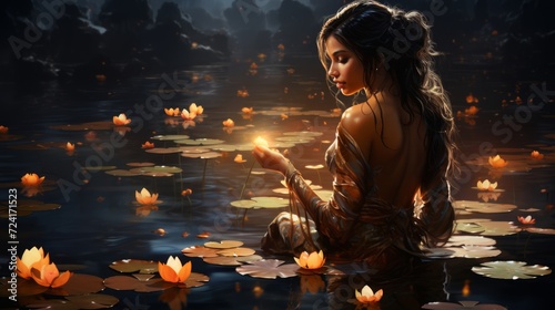 Young beautiful Indian woman holding a lit candle for Indian Festival Diwali. Neural network AI generated art