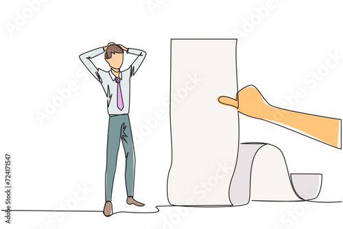 Continuous one line drawing of businessman stood in shock, holding head with both hands, looking at bill thrust by the hand. Man who have online bills must be paid immediately. Single line draw vector