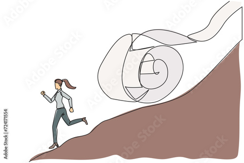 Single continuous line drawing of young businesswoman runs down hill while being chased by rolls of paper bills. Chased by ever-growing bills. Business failure. One line design vector illustration