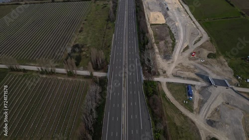 Loriol sur Drome, France - January 27, 2024: Empty A7 Sunny Motorway in France. Farmers' Protest, Tires, Tractors, Agricultural Machines on the Highway, completely blocking road traffic. photo