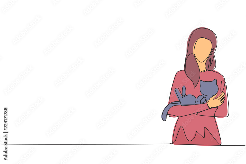 Single continuous line drawing of young beautiful woman holding a cuddle funny cat in front of her chest. Happy woman holding adorable pet kitten. Animal lovers. One line design vector illustration Single continuous line drawing of young beautiful woman holding a cuddle funny cat in front of her chest. Happy woman holding adorable pet kitten. Animal lovers. One line design vector illustration