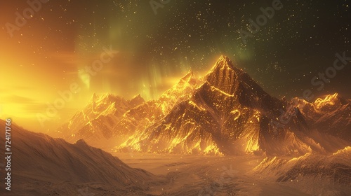 golden snowy mountain, flat land, aurora, golden aurora, dream, sparkling photo