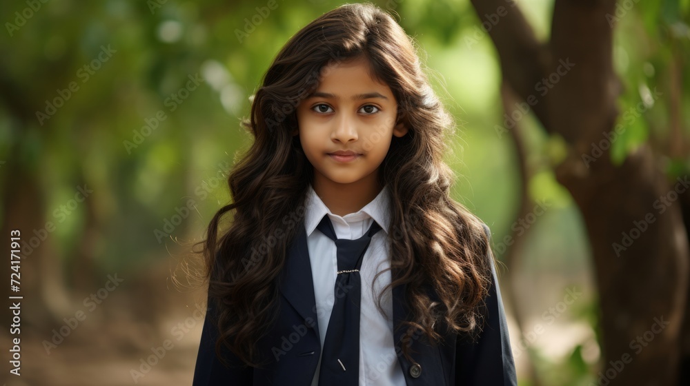 Portrait of happy indian girl with school bag standing outdoor. Neural network AI generated art Portrait of happy indian girl with school bag standing outdoor. Neural network AI generated art