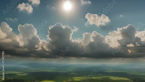 Sun Shines Through Clouds Over Green Field. Generative AI.