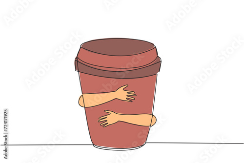 Single one line drawing of hands hugging paper cup coffee. A cup of coffee to accompany work. Coffee can help concentration, reduce the risk of depression. Continuous line design graphic illustration