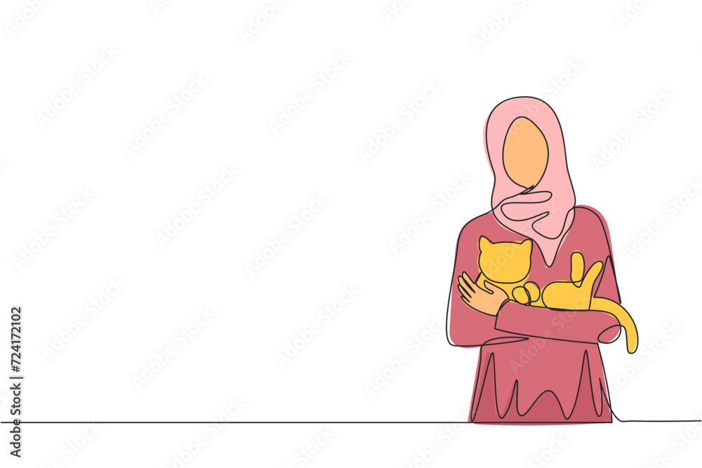 Continuous one line drawing of young Arabian woman holding a cuddle funny cat in front of her chest. Happy woman stroking cat. Love animals with all heart. Single line draw design vector illustration Continuous one line drawing of young Arabian woman holding a cuddle funny cat in front of her chest. Happy woman stroking cat. Love animals with all heart. Single line draw design vector illustration