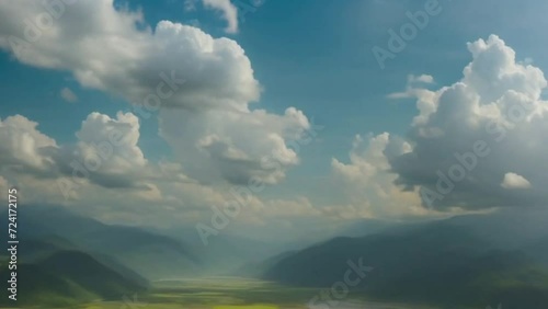 Blurry Photo of Valley With Mountains in the Background. Generative AI.