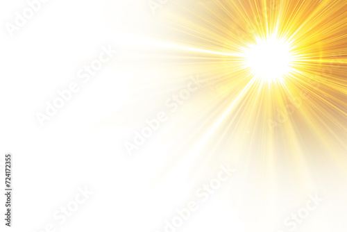 Bright Sunburst Sunlight  with Rays on Isolated White Background, Front Sun Lens Flash with Transparent Sunlight Effect