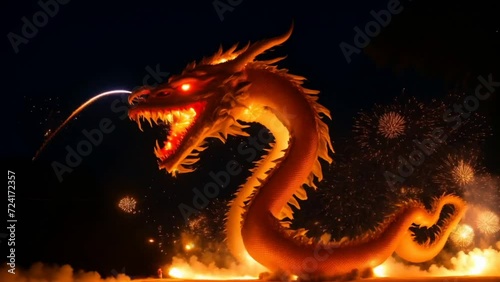 Illuminated Dragon Statue Shines in the Night. Generative AI.