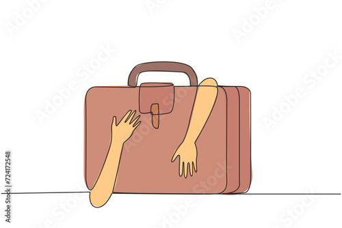 Single one line drawing of hands hugging briefcase. A journey that is needed to find experience so that the business being run can generate a lot of profit. Continuous line design graphic illustration