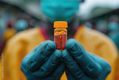 A person wearing a mask and gloves is holding a bottle of orange pills.