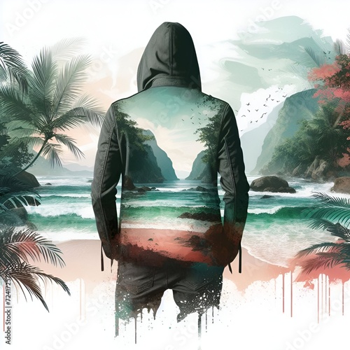 minimalist, jacket  design with a twist, a sleek and colour City silhouette against a faded,  jungle  is painting about nature, awosome, bright. pure White background photo