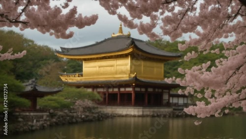 Pagoda in the Middle of Pond Surrounded by Trees. Generative AI.