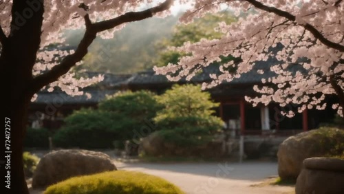 Blossoming Tree With Pink Flowers in a Park. Generative AI.